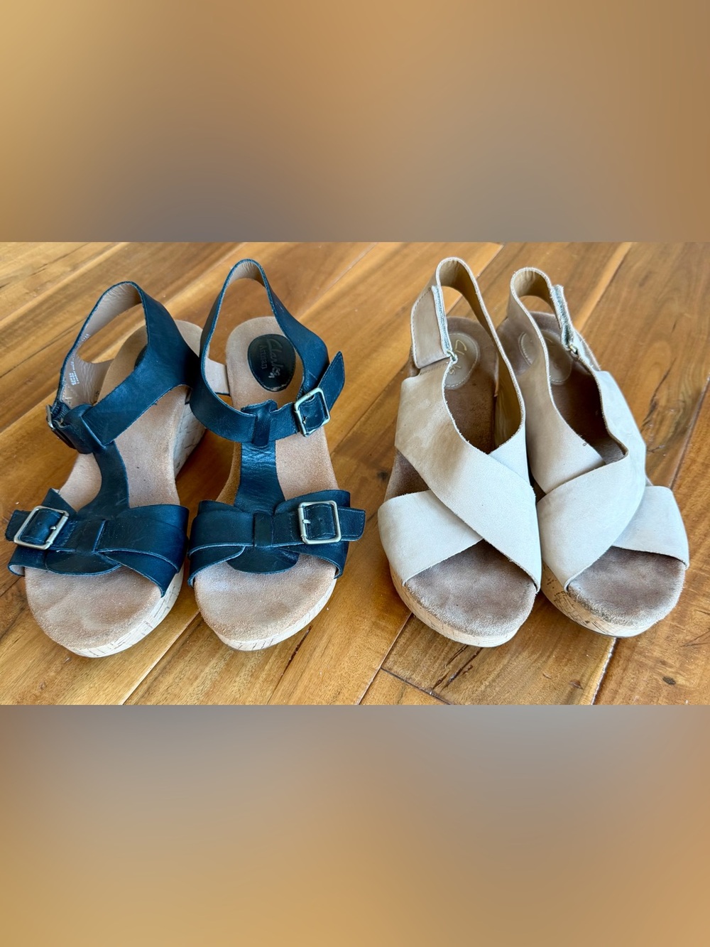 Clark’s Artisan Women’s Slingback Wedge Sandals in Black and Beige 2 pairs 9M